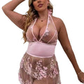 Transparent temptation halter lingerie see-through mesh sexy nightgown embroidered erotic sleepwear teasing seduction set