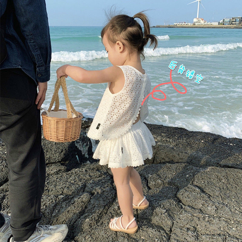 Girls' hollow-out tank top and skirt set - summer kids' open-back two-piece outfit - breathable, casual, and versatile