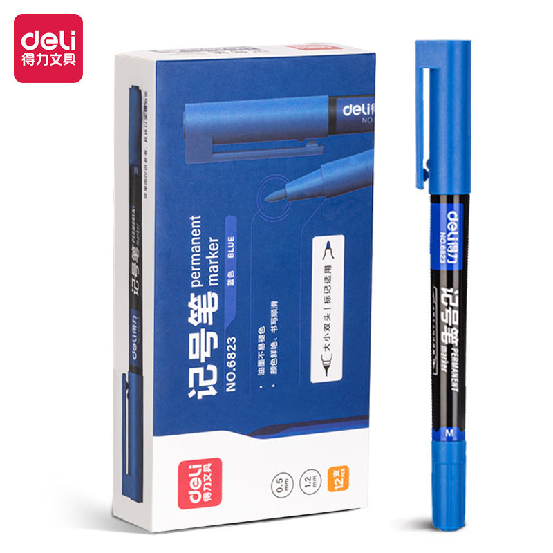 Deli double-ended marker, black oil-based pen, hook pen, art-specific oil-based signature pen, double-ended pen wholesale