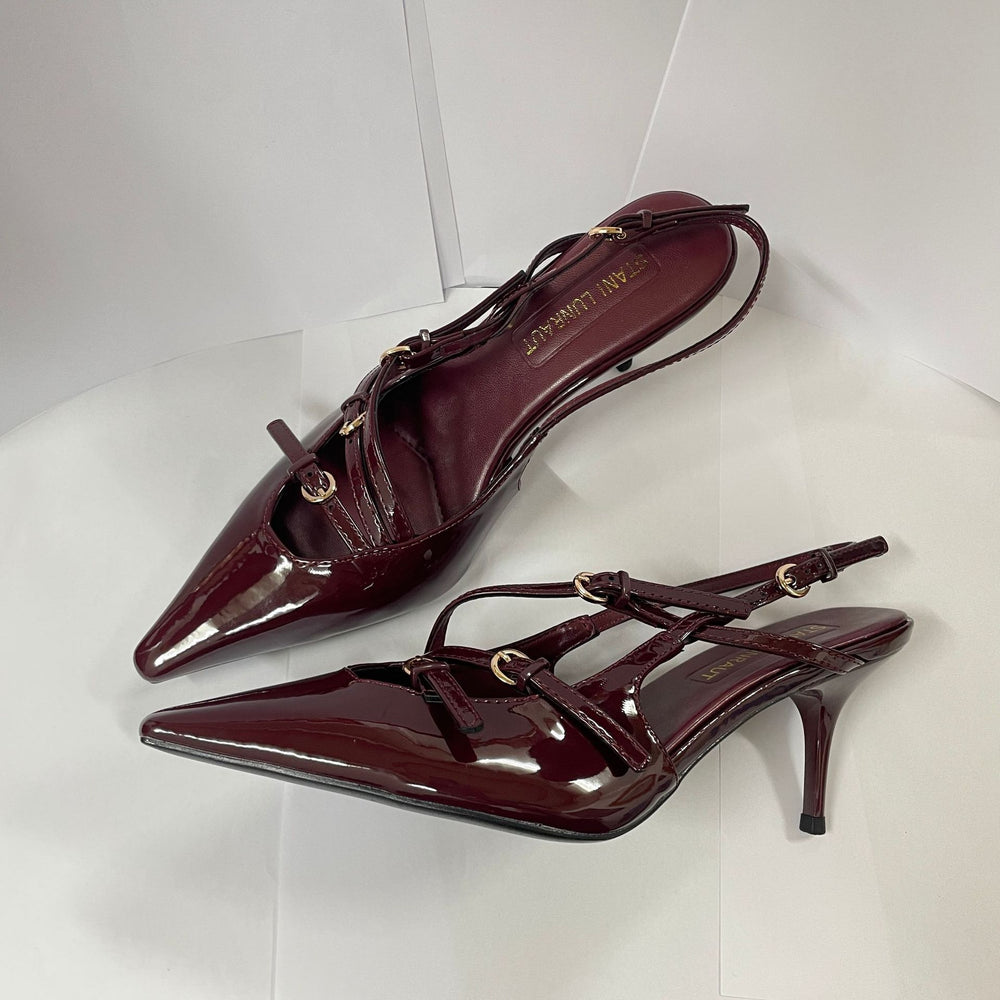2026 summer european and american style patent leather stiletto peep-toe sandals women's single strap cat heel pointed toe back strap high heels