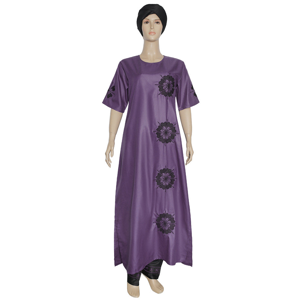 Wholesale   two-piece set short sleeve matte fabric dress with headscarf maxi dress plus size women's