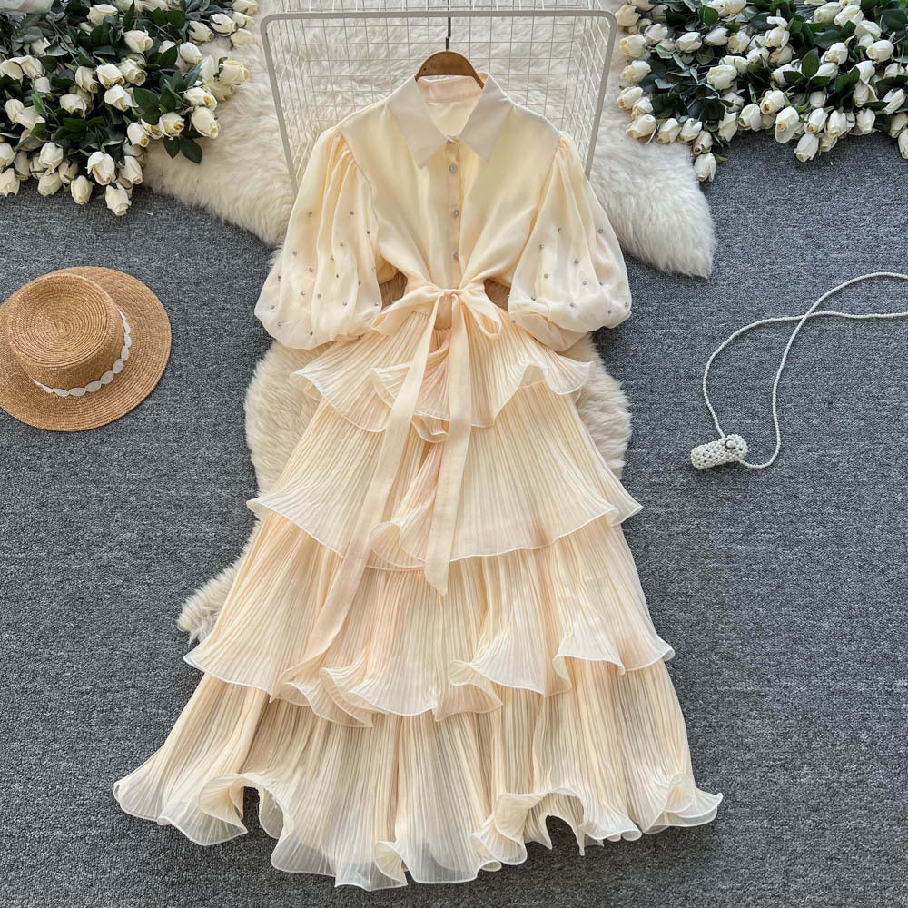 French retro court style, heavily embellished rhinestone lantern sleeve, tie-waist, slimming, elegant ruffle hem pleated dress