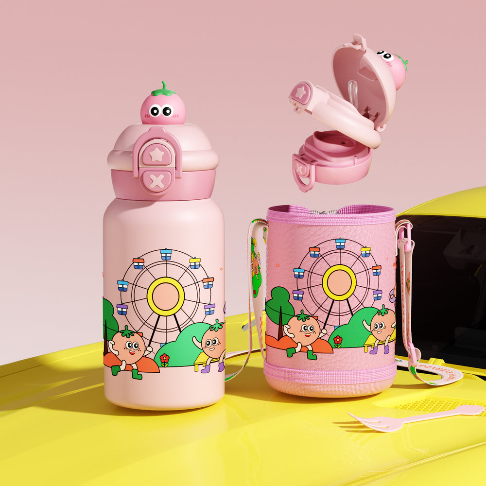 Double-drink kids' thermos with straw, 316 stainless steel, cartoon portable bounce lid, creative figurine student water bottle