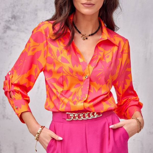 Spot European and American shirts women's clothing   loose spring and autumn temperament elegant printed cardigan autumn long-sleeved shirt women
