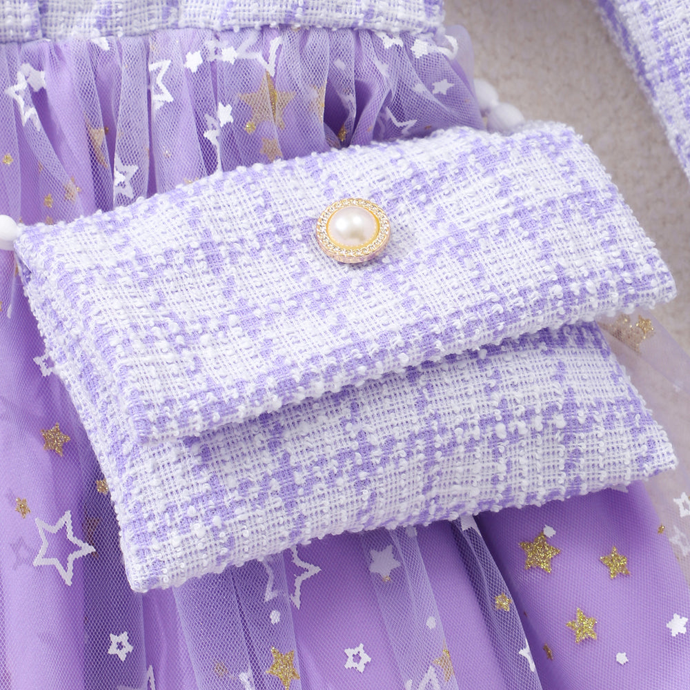 New girls' long-sleeve star mesh dress with matching mini bag