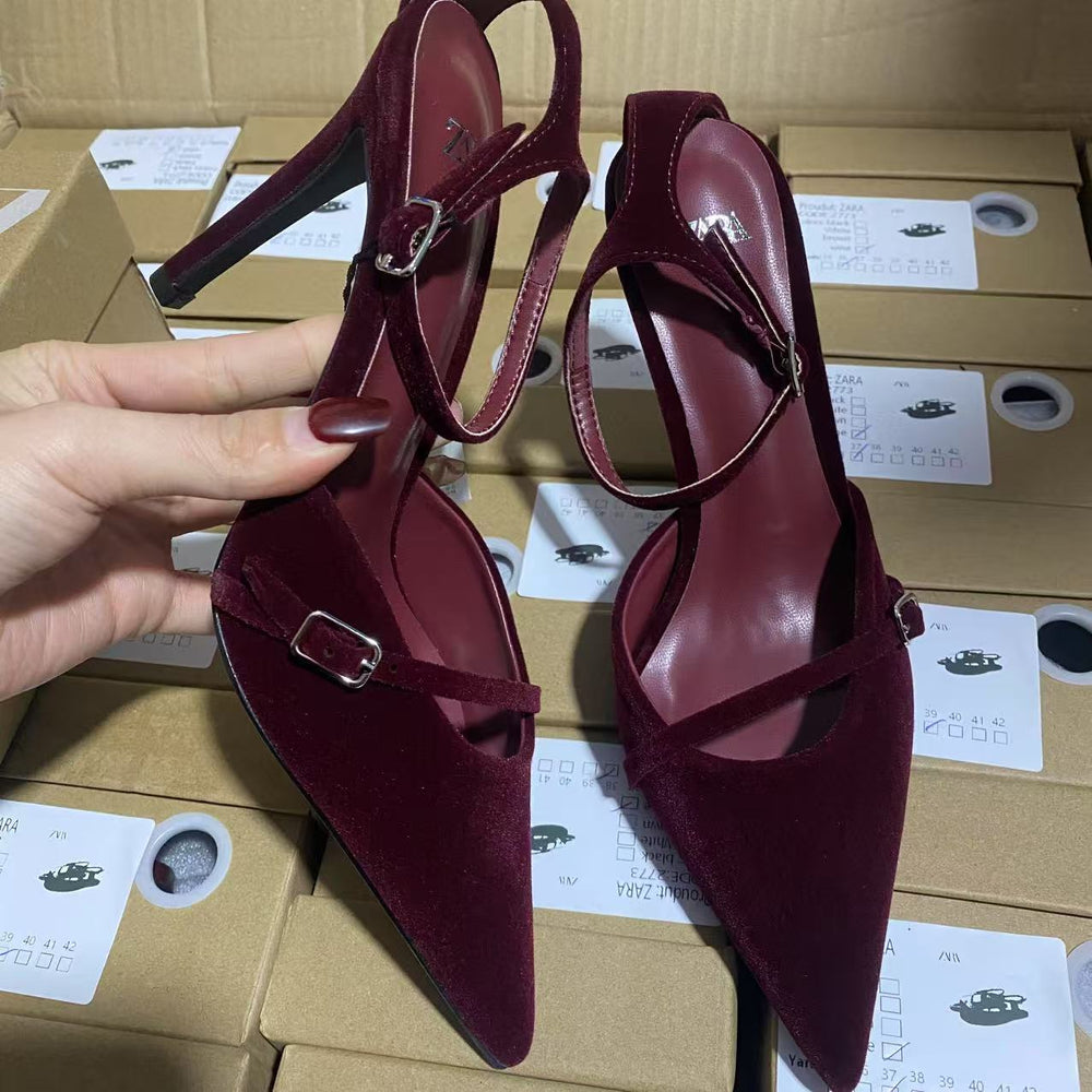Za2025springnew arrival women's shoes burgundy suede pointed toe flats high heel mules shoes one-word buckle thin strap women's shoes