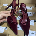 Za2025springnew arrival women's shoes burgundy suede pointed toe flats high heel mules shoes one-word buckle thin strap women's shoes