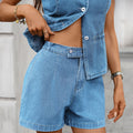 European and american cross-border e-commerce women's summer   washed new sleeveless casual denim shorts set