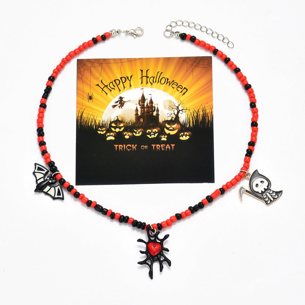 Halloween necklace wholesale fashion funny pumpkin ghost cat pendant horror contrast color rice beads string clavicle chain
