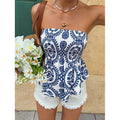 Women's printed bandeau top - cinched waist, strapless, open back - perfect for summer vacations, street style, and casual wear