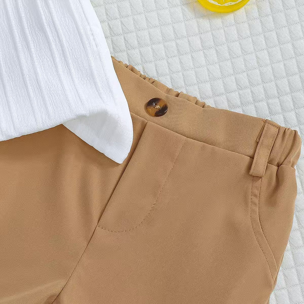Children's clothingwhite vertical stripes short-sleeved shirt + khaki shorts two-piece set shirt