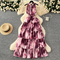 Summerniche style deep v neckhalter strap sleeveless ruffles cake dress female waist elegant holiday long skirt
