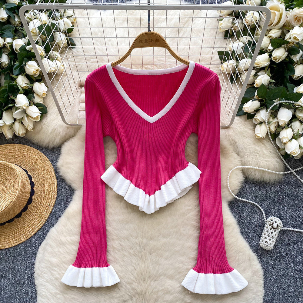 European and american style color block striped knit top - autumn ruffle hem flare sleeve slim fit outerwear base layer