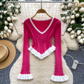 European and american style color block striped knit top - autumn ruffle hem flare sleeve slim fit outerwear base layer