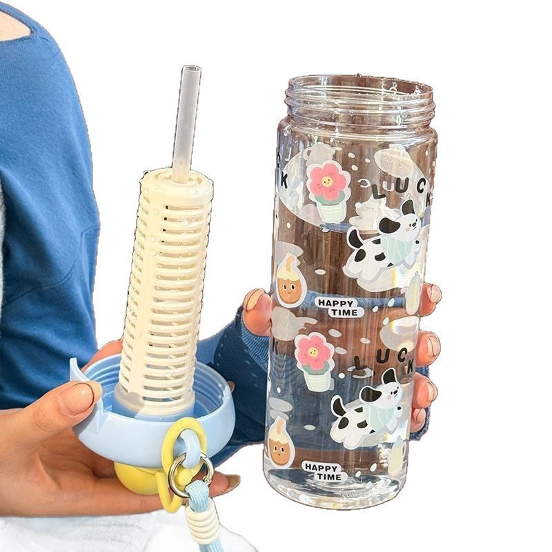 Trendy summer water bottle for girls: high-style, large capacity, tea infuser, straw cup with cute cartoon float – made of plastic