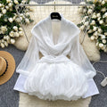 Atmosphere halter neck ribbon swing collar long sleeves waist tops women autumfashionfashion puffy flower bud skirt