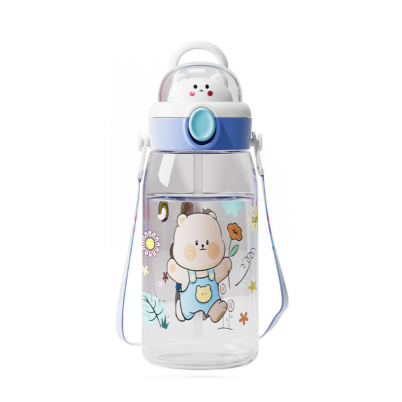 Cartoon cute high-capacity kids' straw water bottle - perfect for school with shoulder strap and carry loop - portable summer water bottle