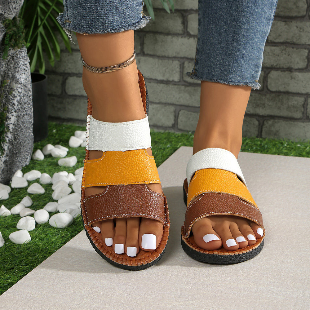 European and american export plus size patchwork flat slippers women's cross-border round toe woven one-strap outdoor beach sandals