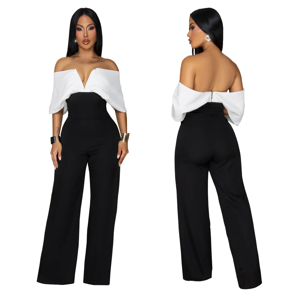 C7498 cross-border   fashion women's casual v-neck backless black and white wide-leg jumpsuit new