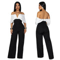 C7498 cross-border   fashion women's casual v-neck backless black and white wide-leg jumpsuit new