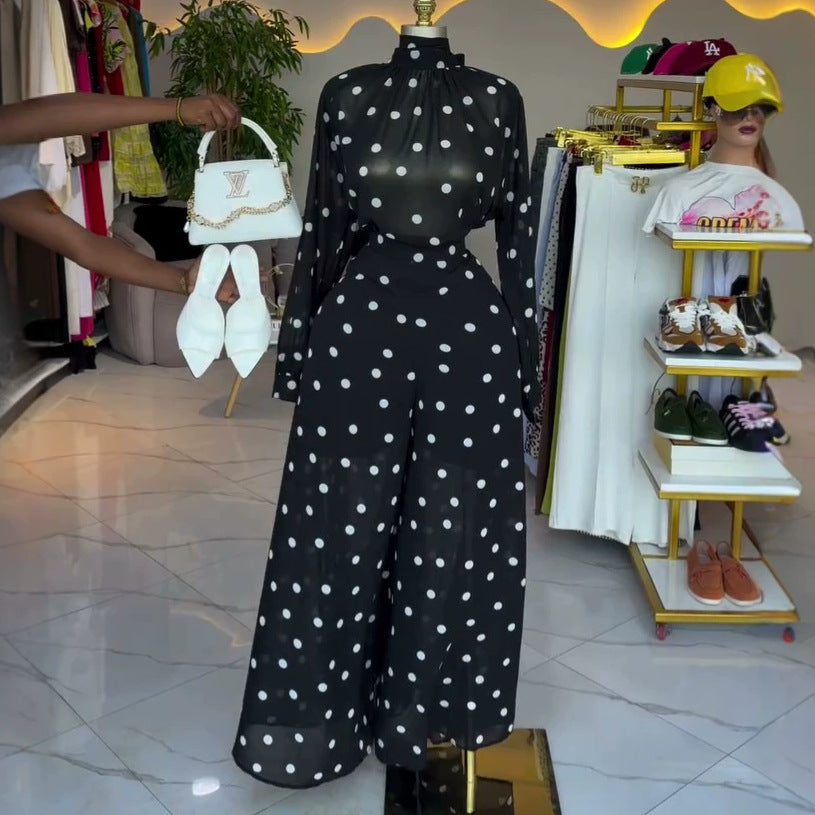 European and american cross-border women's clothing:  summer new arrival - elegant and chic polka dot blouse with high-waisted wide-leg pants casual set