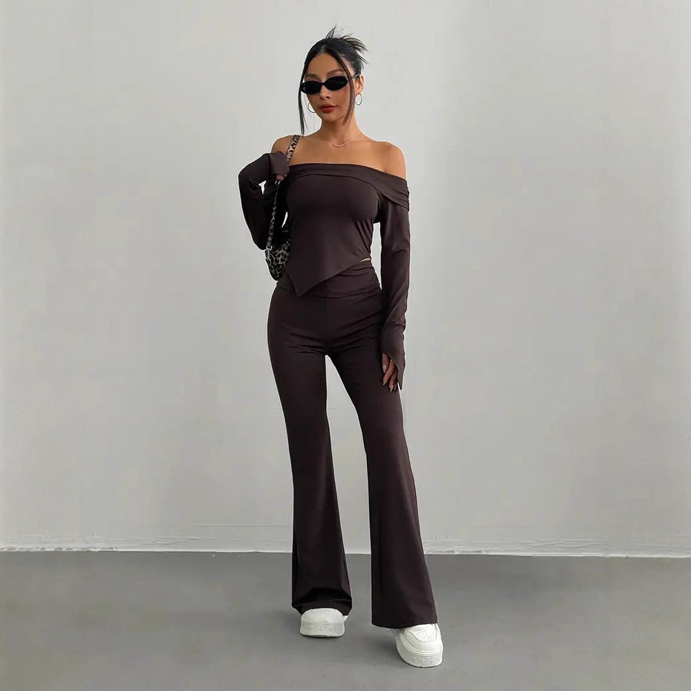 Amazon cross-border women's fashion: european and american style solid color knitted two-piece set -  casual long sleeve top