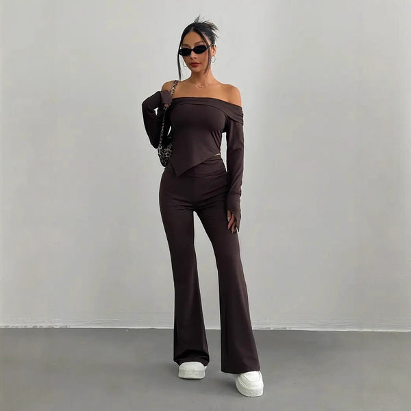 women's clothing European and American fashion solid color knitted suit 2025 casual long-sleeved top two-piece set