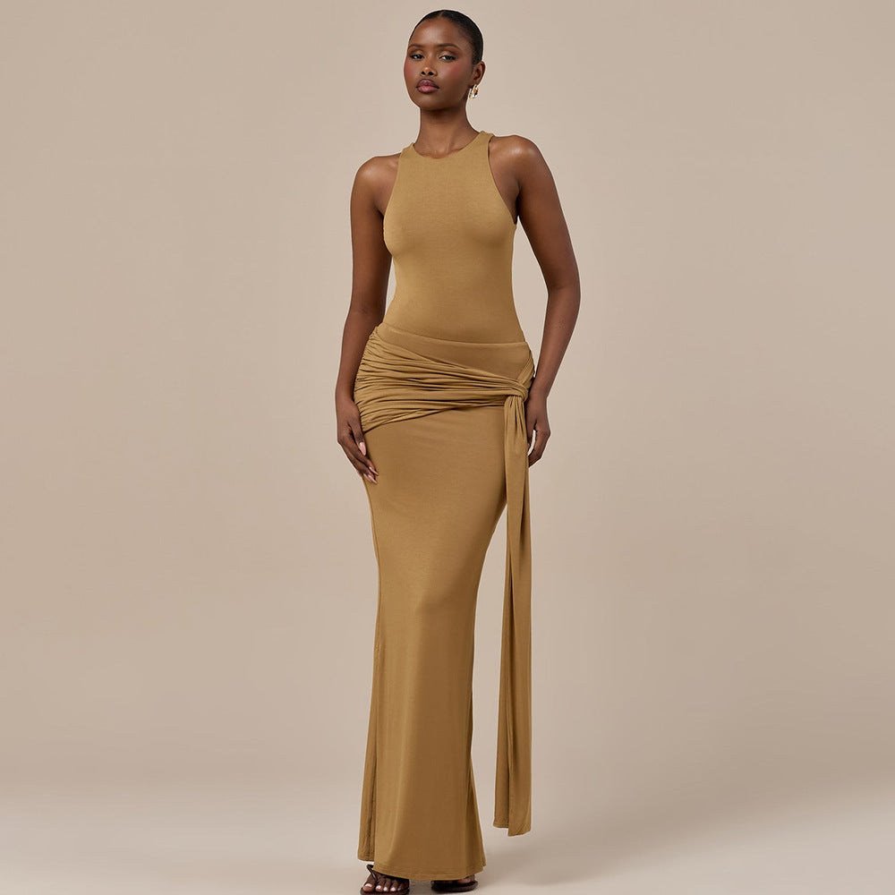 European and american style women's autumn  new arrival: elegant, sexy, slim-fit long dress - solid color sleeveless tie-up bodycon dress
