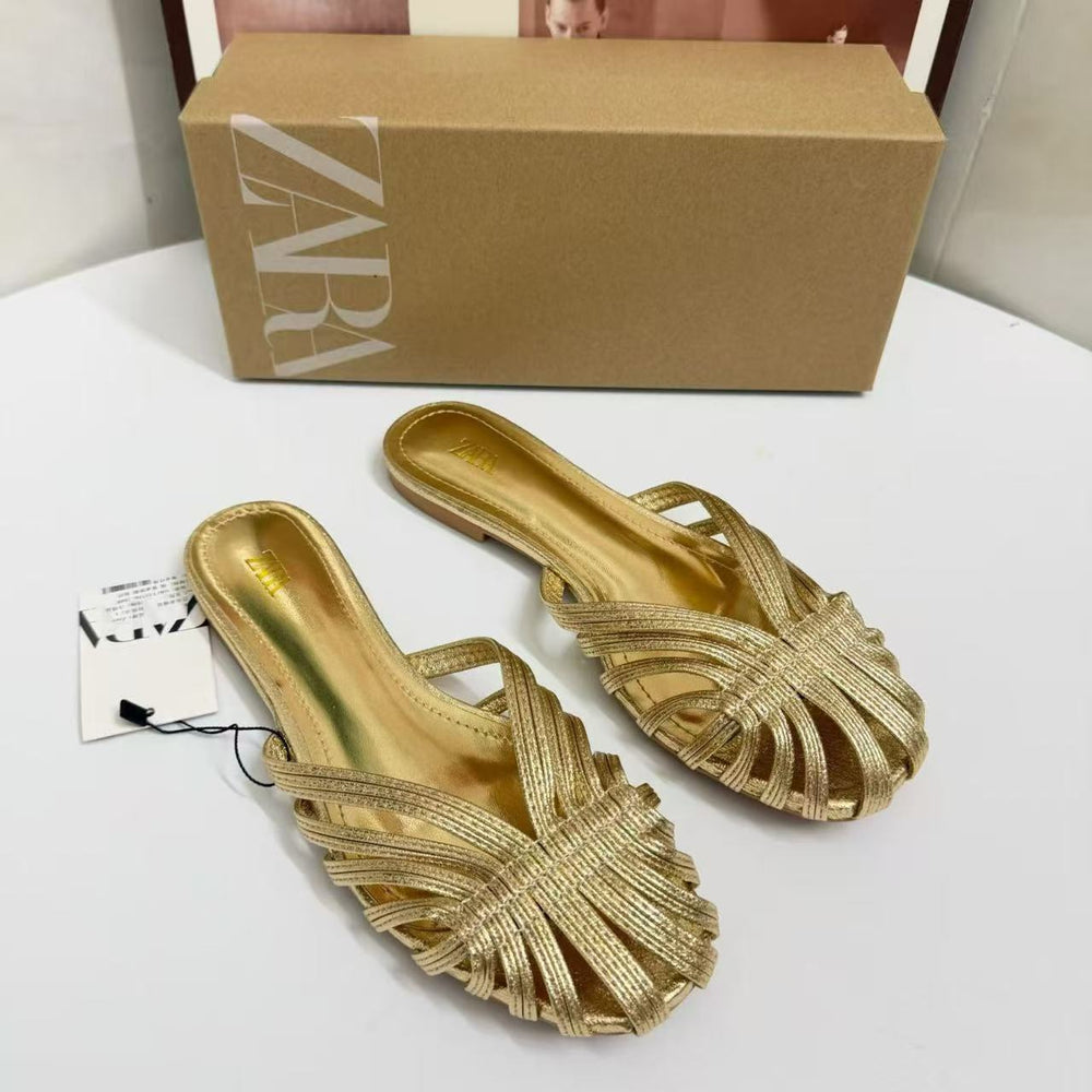 Za's 2026 new women's shoes: french retro closed-toe low heel fashion soft leather niche design cat heel sandals