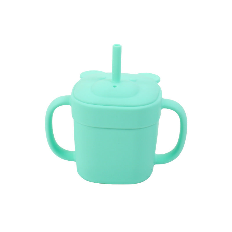 Children's silicone straw cup Baby bear baby drinking milk drinking cup Double handle anti-drop silicone feeding tableware