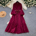 French romantic stand collar lantern sleeve lace dress - women's summer slimming a-line maxi dress - elegant and chic