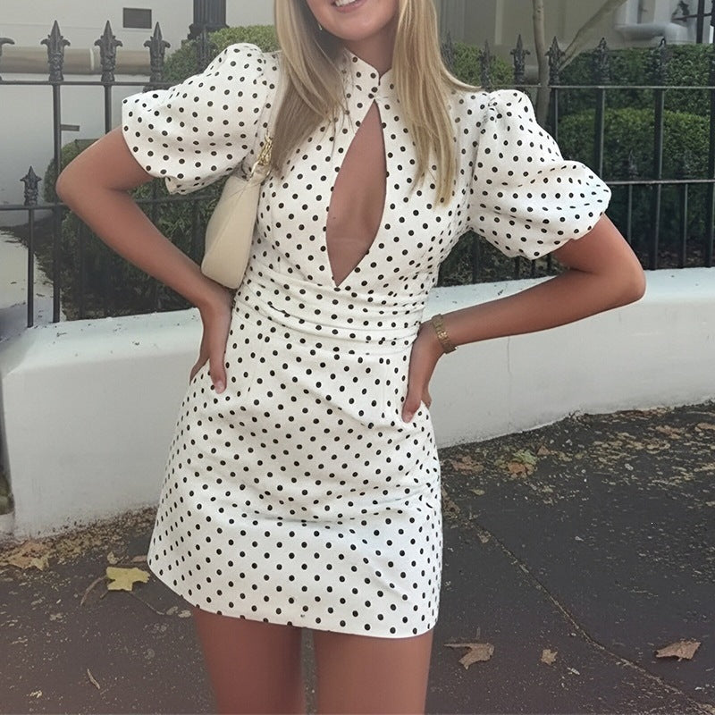 european and american export women's clothing: new summer fashion elegant stand collar hollow-out short sleeve polka dot waist-defining dress