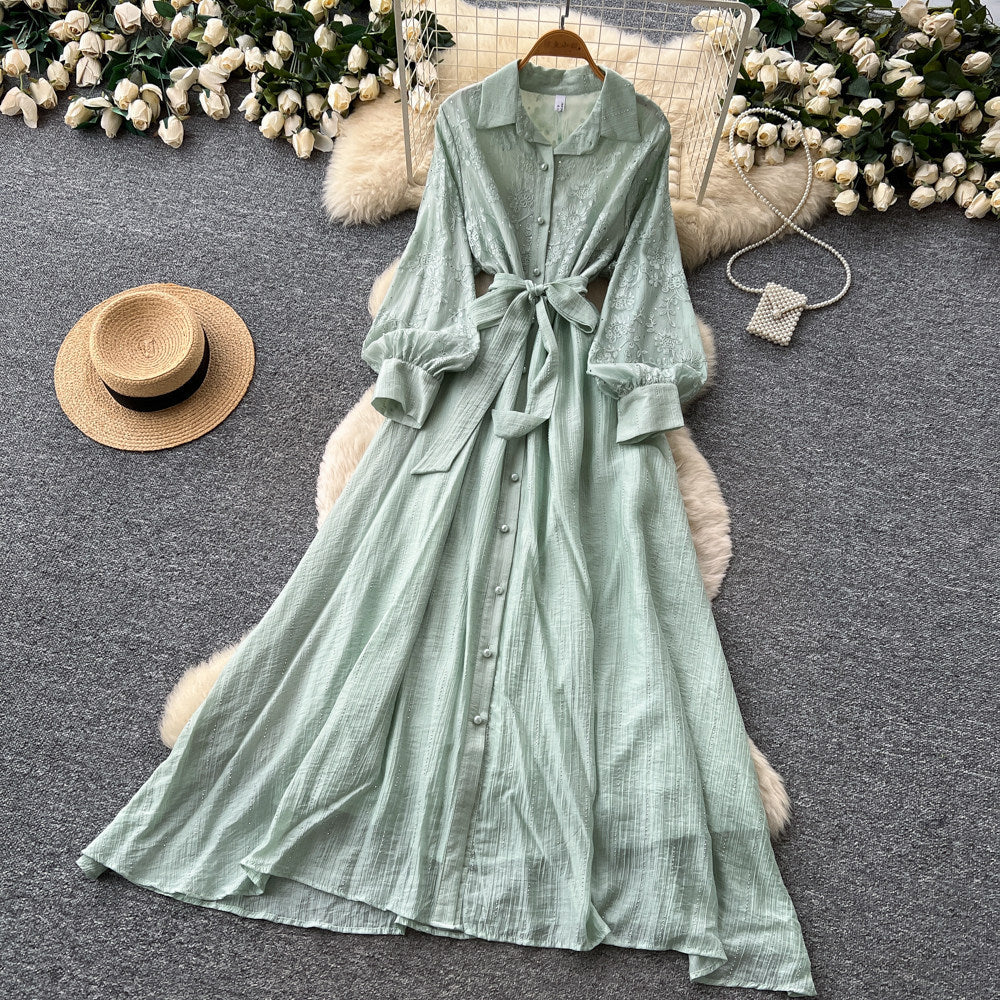 Frenchretro lapel lantern sleeve sequindress women's summerk-style strap waist slimming look long skirt work clothing