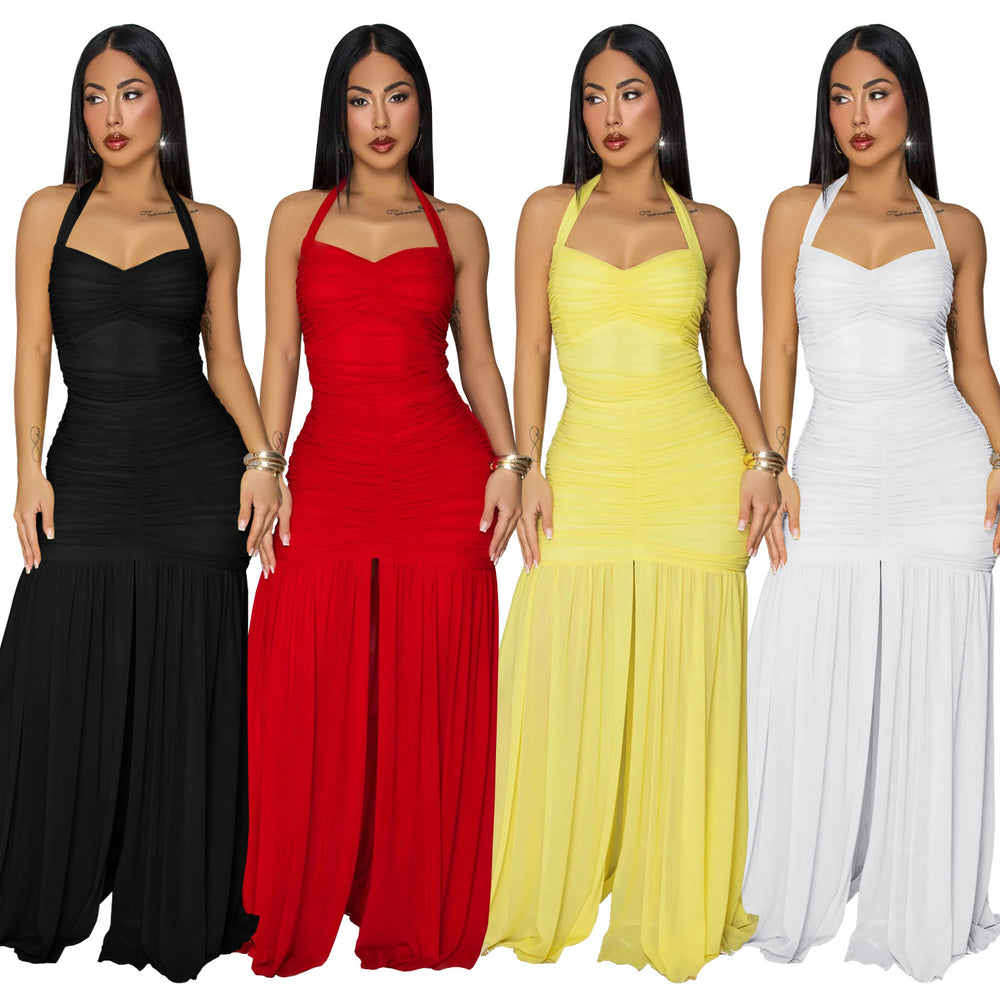C7656 cross-border   fashion women's elegant solid color bodycon slit dress