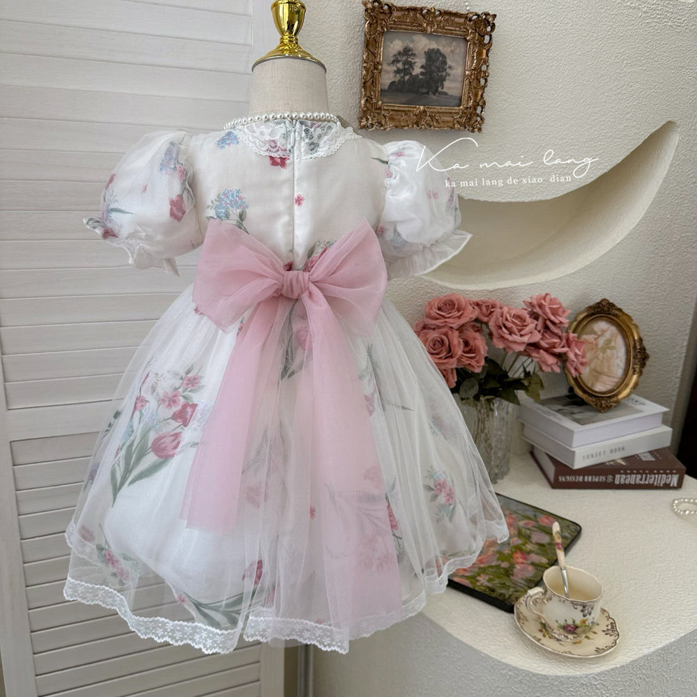 summer girls' fairy floral print mesh lace bubble sleeve princess dress - clearance sale (limited sizes available)