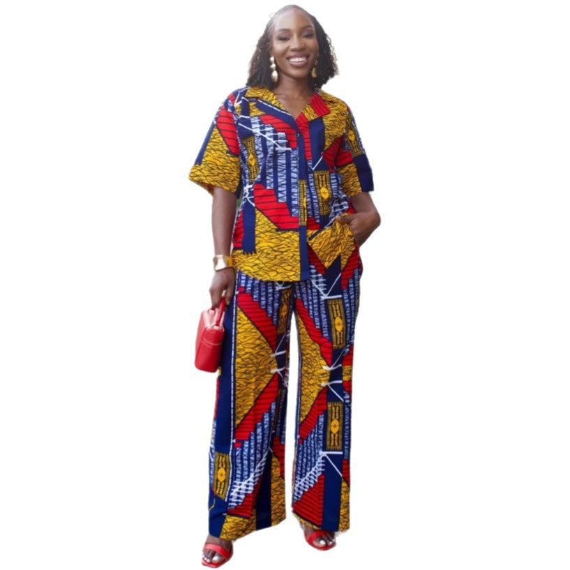 European and American large size loose lapel short-sleeved printed cardigan shirt African casual wide-leg trousers foreign fashion suit