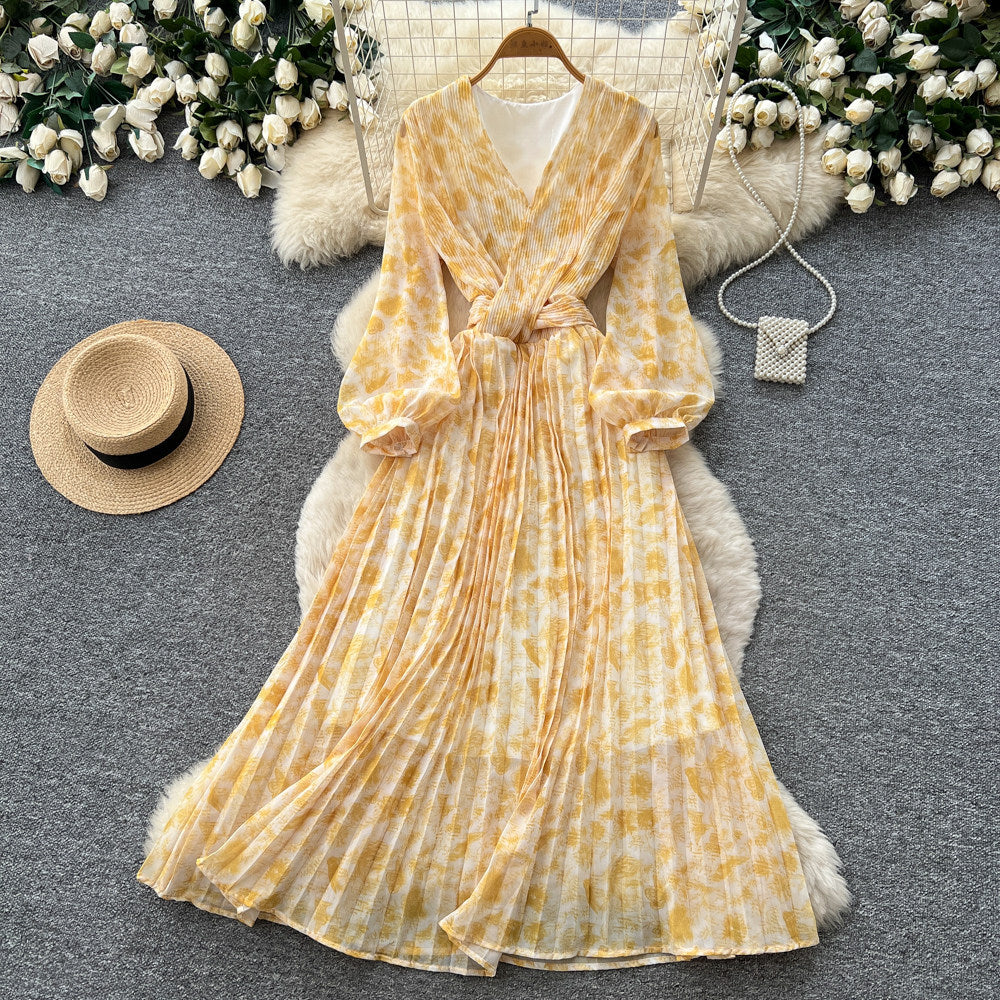 French riviera style v-neck lantern sleeve printed dress - women's summer korean style slimming a-line maxi dress