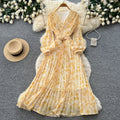 French riviera style v-neck lantern sleeve printed dress - women's summer korean style slimming a-line maxi dress