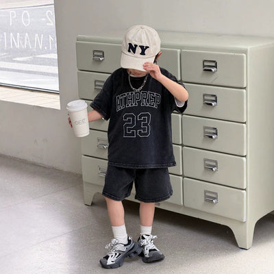 Boys' summer washed vintage letter print short-sleeve t-shirt + relaxed fit shorts two-piece activewear set