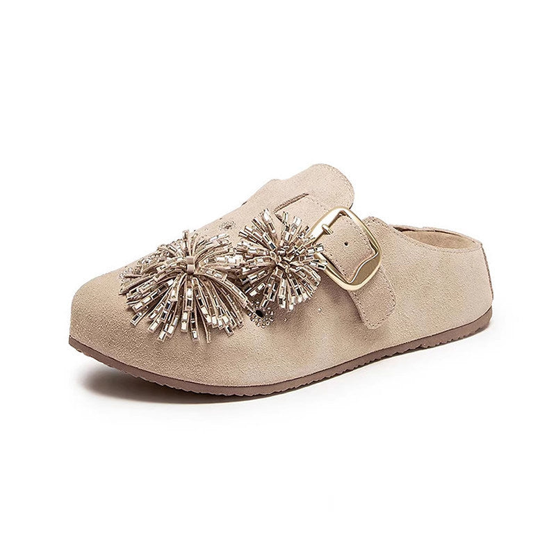 Beautiful rhinestone fireworks bokenflats women's outwear2026new arrival thick sole toe-cap half-toe mules shoes