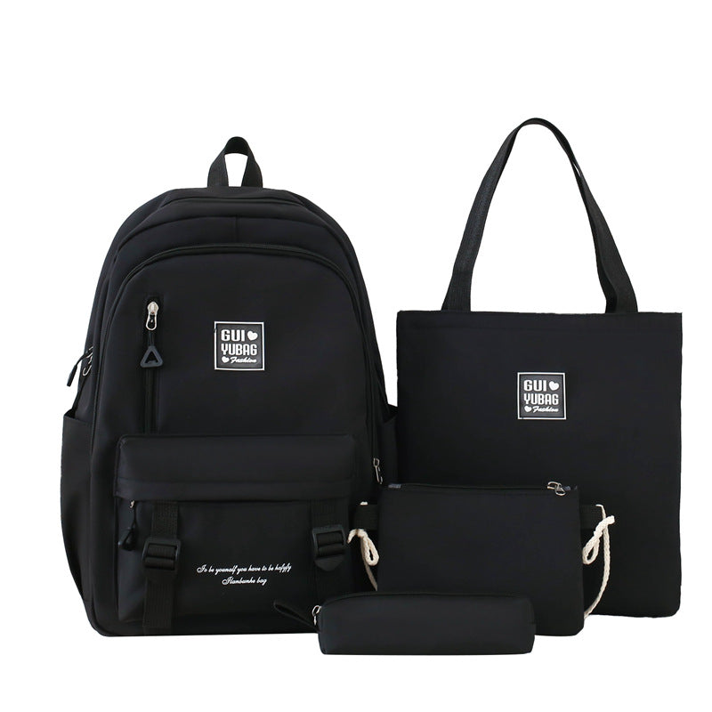 New student schoolbag solid color simple backpack women's large-capacity student four-piece set multi-functional schoolbag tote bag