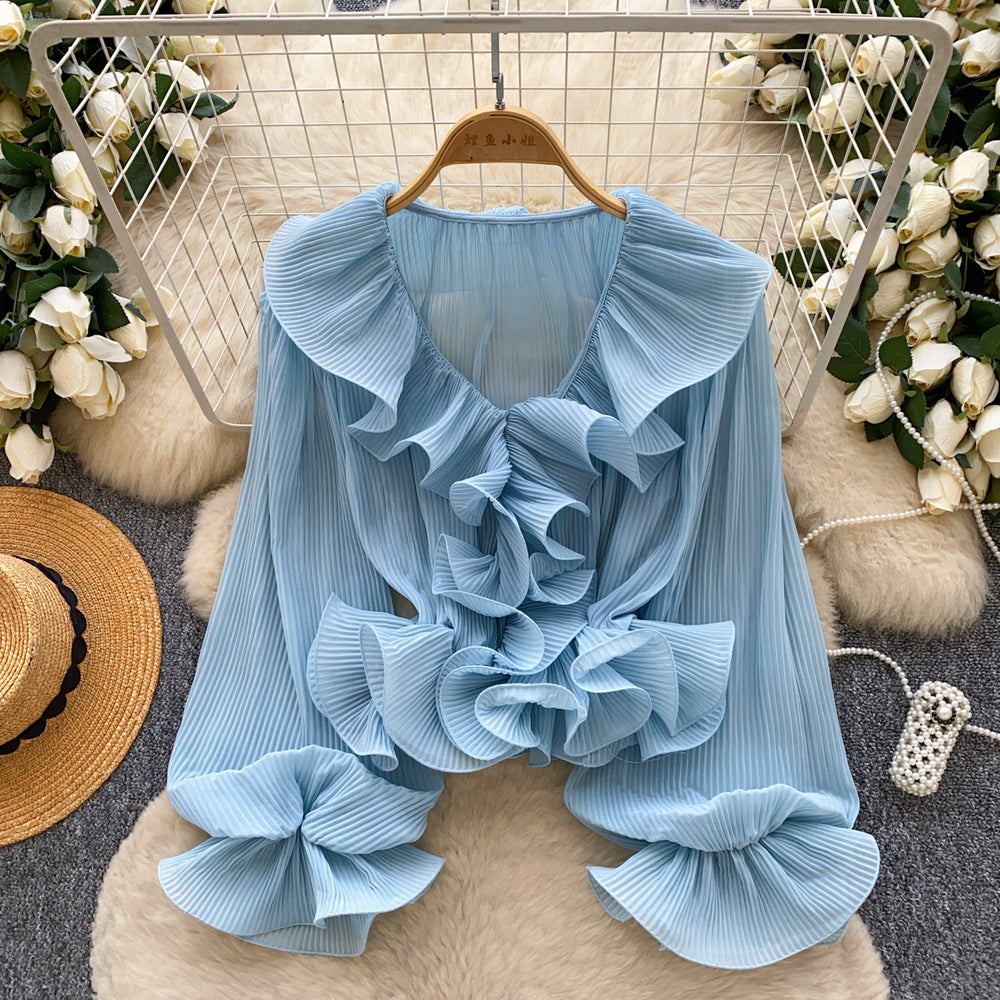 French chic v-neck ruffle trim pleated blouse - women's spring/summer long sleeve, versatile and stylish design top