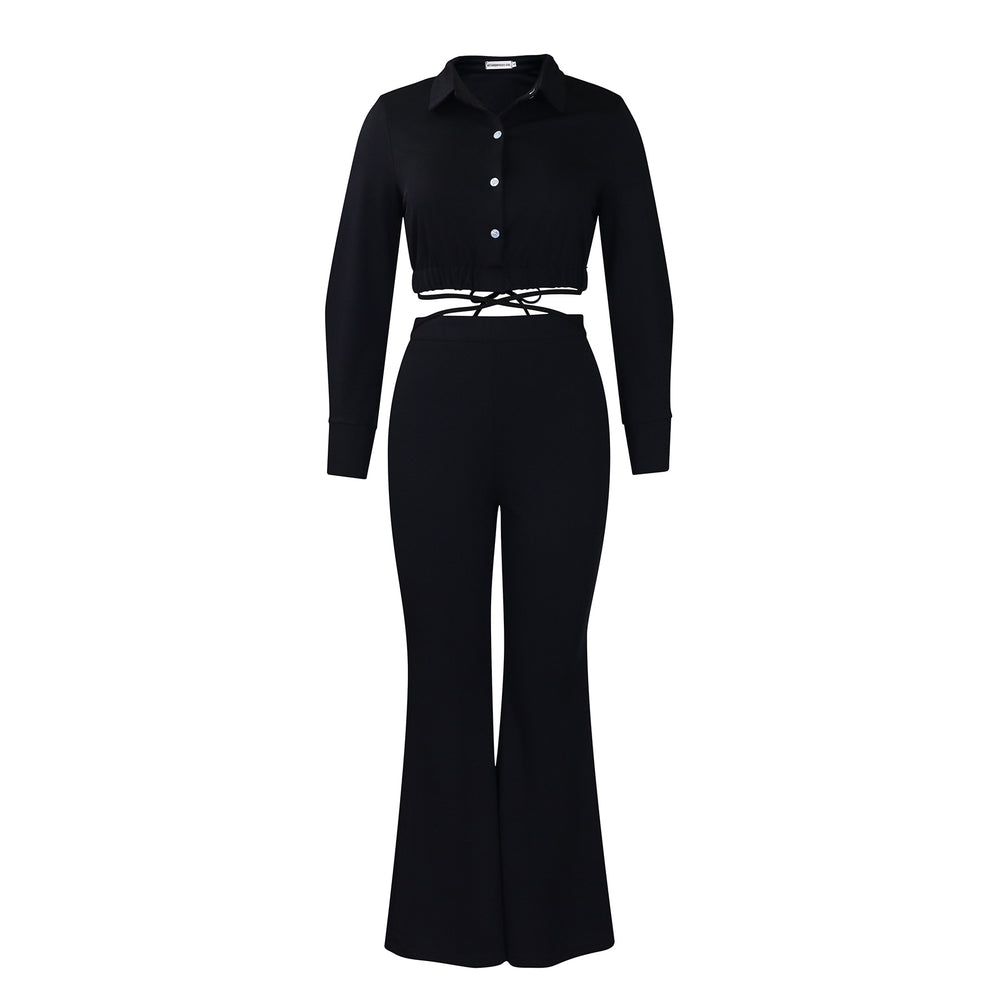 D476  women's plus size fashionable and elegant turn-down collar shirt and high-waisted flare pants two-piece set - cross-border outfit