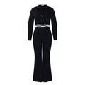 D476  women's plus size fashionable and elegant turn-down collar shirt and high-waisted flare pants two-piece set - cross-border outfit