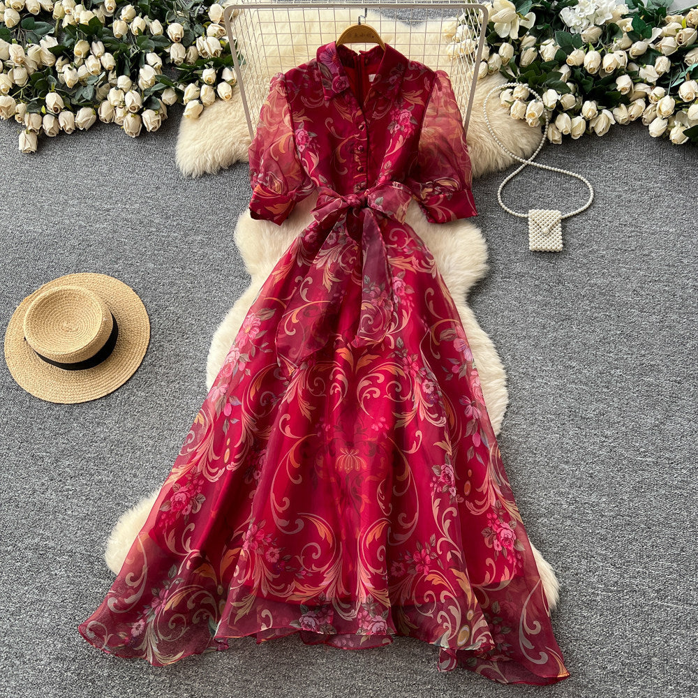 french court style vintage print dress - women's spring/summer turn-down collar, cinched waist, tie-waist a-line maxi dress - office/workwear