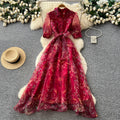 french court style vintage print dress - women's spring/summer turn-down collar, cinched waist, tie-waist a-line maxi dress - office/workwear