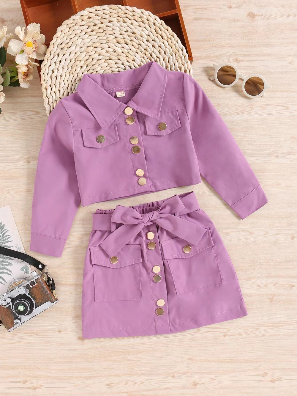 european and american girls' spring/autumn long-sleeved cropped jacket top + bow a-line skirt set - cross-border fashion