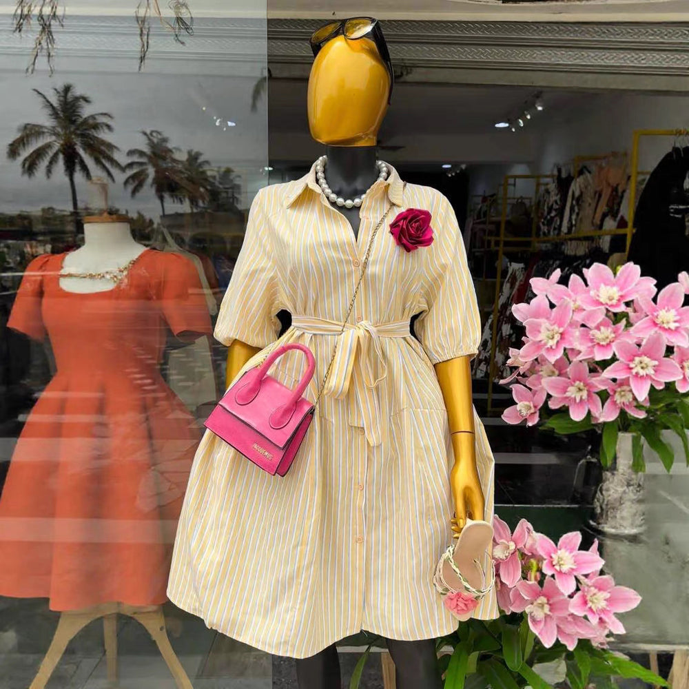 European and american cross-border women's fashion:  summer new arrival - elegant yellow striped bubble sleeve tie-waist dress