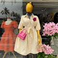 European and american cross-border women's fashion:  summer new arrival - elegant yellow striped bubble sleeve tie-waist dress
