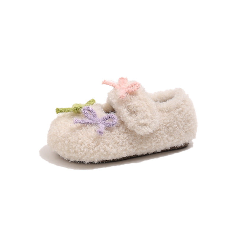 ins French fluffy shoes 2025 winter new Korean version of girls cute color matching bow soft sole velvet cotton shoes